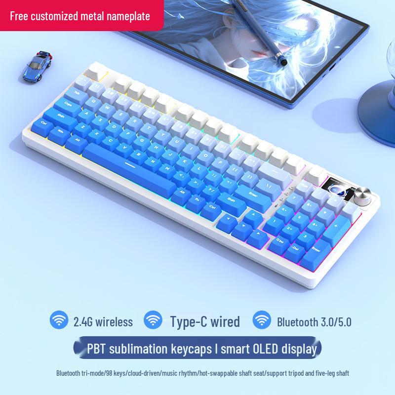 98-Key Wireless Bluetooth Mechanical Keyboard - Blue Switches, PBT Gradient, Gaming/Office, Customizable.