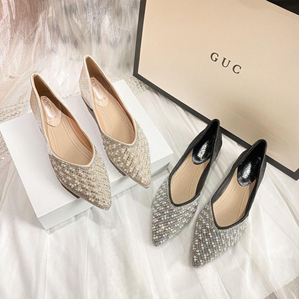 High-heeled Shoes All-match Summer New Women's Shoes French Sequin Rhinestone Pointed Toe Chunky Heel Single Shoes Large Size Women's Shoes 43