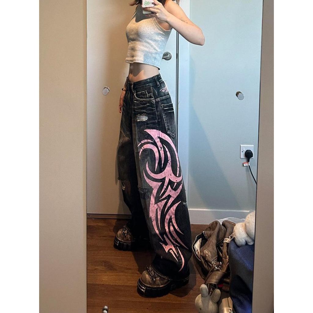 VIONA New Fashionable Perforated Printed Jeans Street Hip-hop Style Straight Leg Jeans