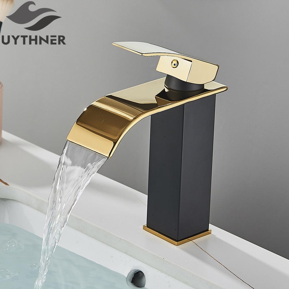 Brushed Golden Basin Faucets Elegant Waterfall Bathroom Sink Faucet Single Lever Hole Deck Mount Brass Mixer Taps