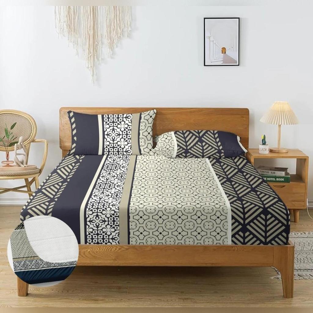 Premium Cotton Elastic Fitted Bedsheets  | Size: Bedsheet - 198.12CM x 182.88CM + 25.4CM (Drop) Pillow Cover -  46 cm x 68 cm