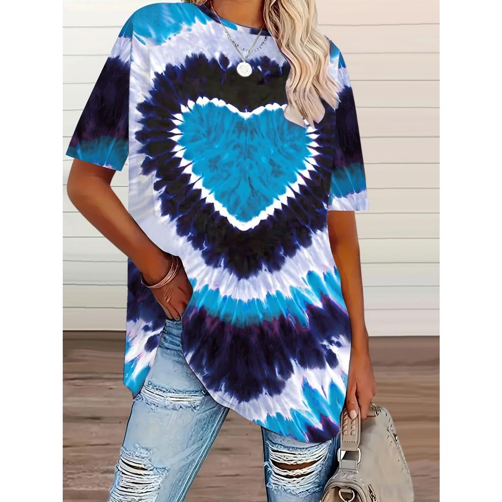 New Plus Size Women's Tie-dye Love Heart Print T-shirt, Casual Short Sleeve Top for Spring Summer
