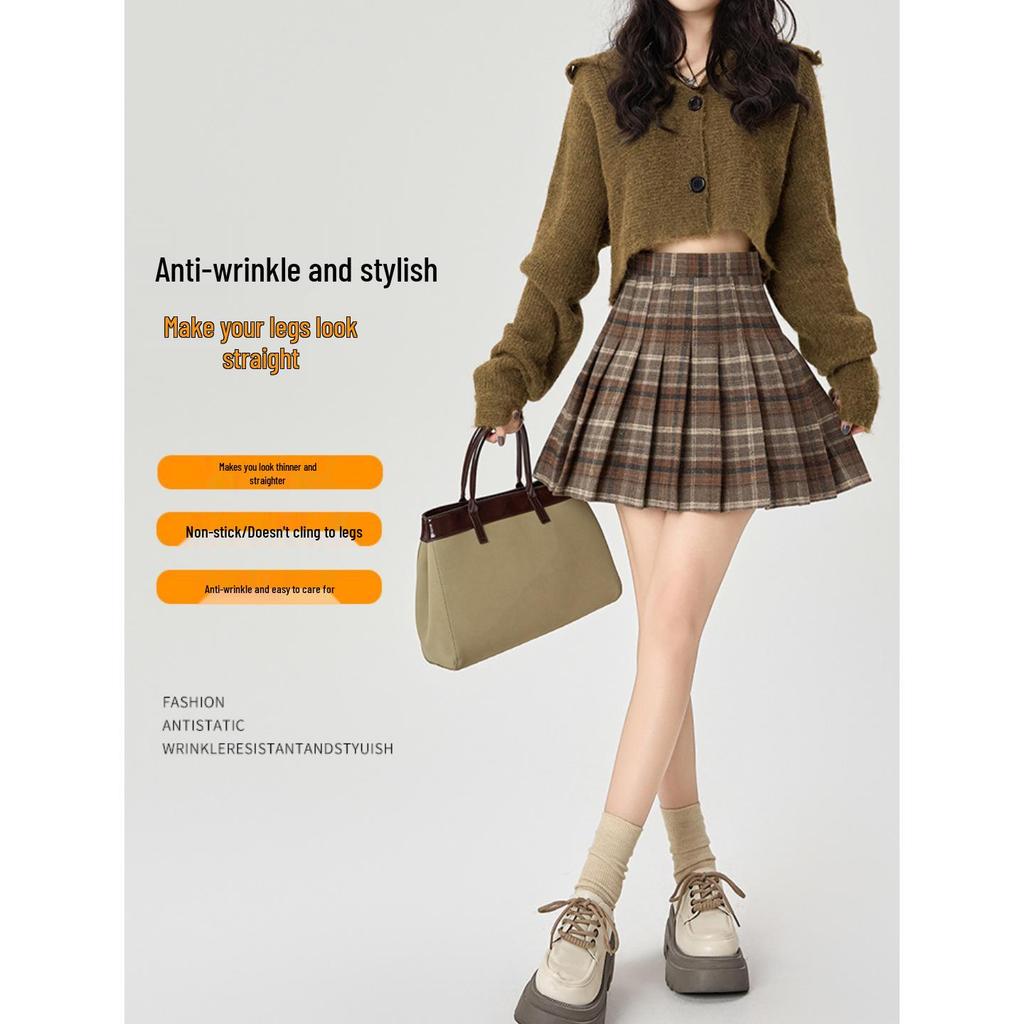 Korean Style Wool Plaid Pleated Mini Skirt for Women - High Waist A-line Slimming Design