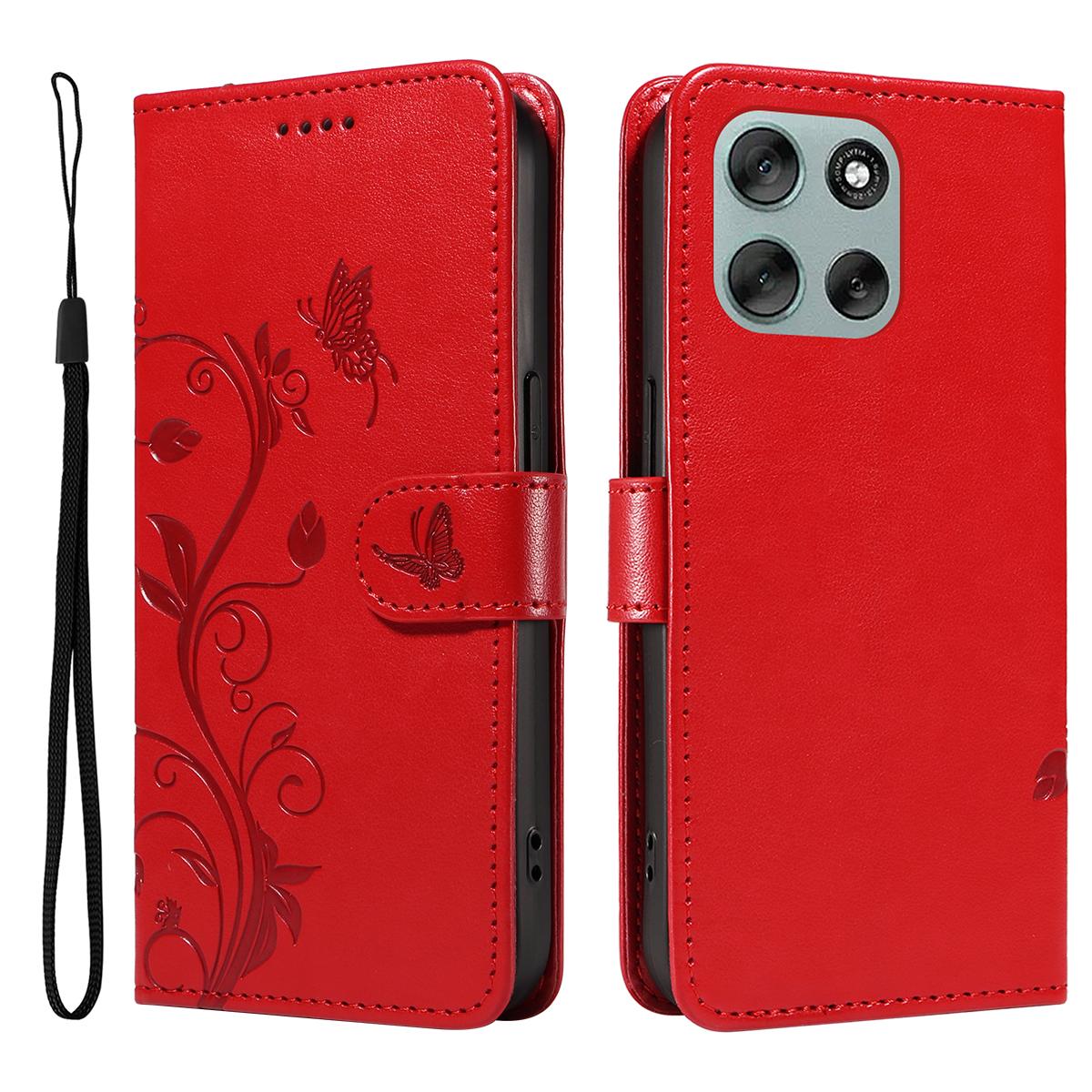 

For Motorola Moto G56 5G PU Leather Cases Flower Pattern Wallet Stand Phone Cover with Strap Red