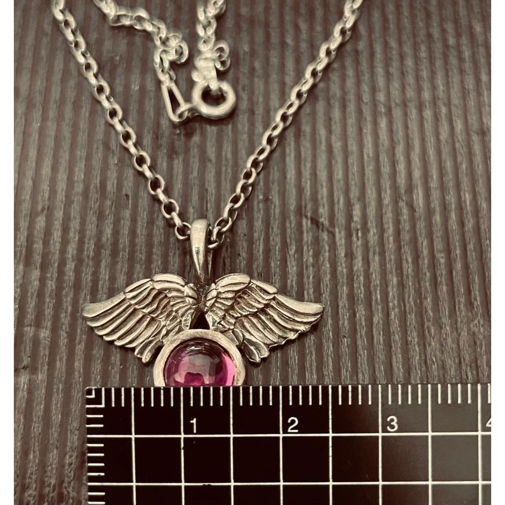 Used 950 Silver Wing Motif Pink Stone Pendant Necklace