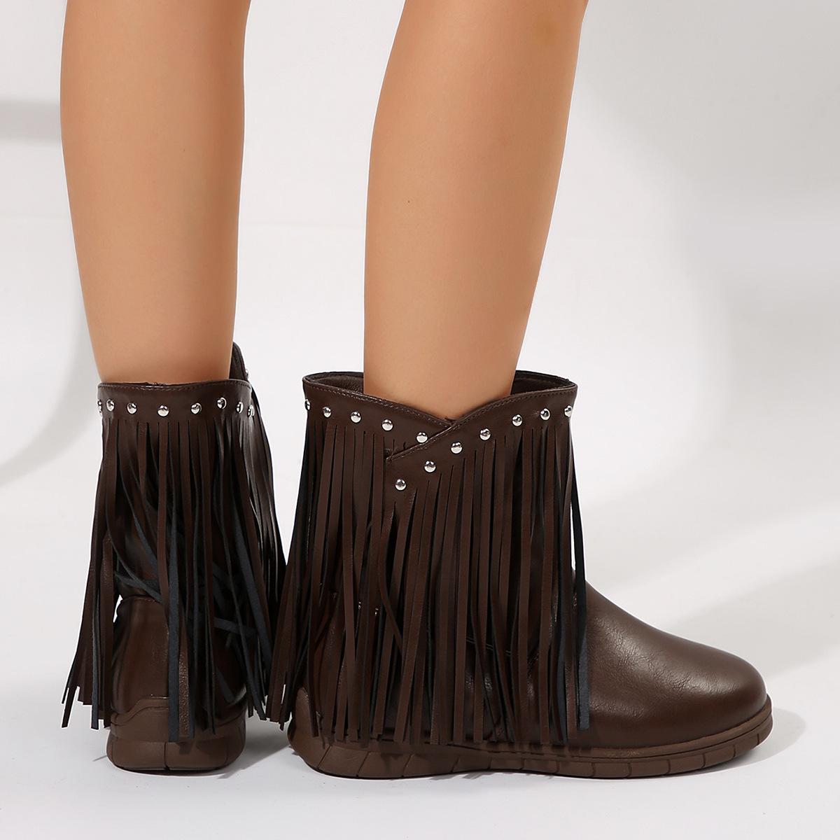 

Осенне-зимние новые женские ботинки с бахромой, с круглым носком и плоским дном, однотонные, повседневные, со стразами, короткие ботинки женские, большие размеры 42