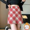 Damen Retro Karomuster Bodycon Minirock Herbst Winter Wolliger High Waist A-Linienrock Damen Koreanischer Schlankmachender Fit Kurzer Rock