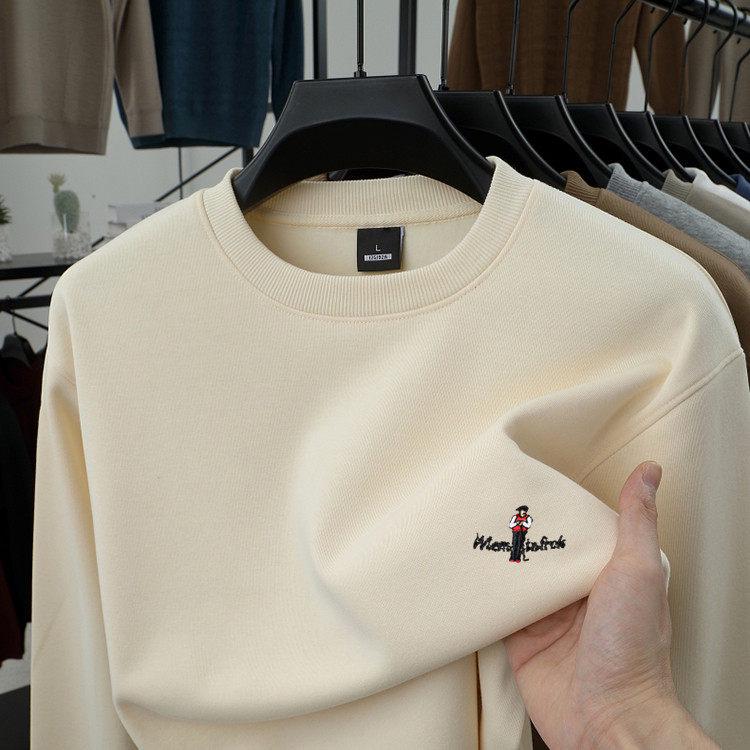 Men's Thickened Velvet Woodpecker Hoodie - Long Sleeve, Round Neck, Solid Color Cotton T-Shirt for Autumn/Winter