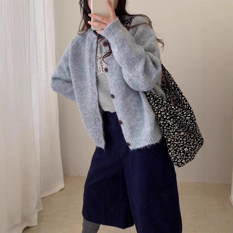 

Korean Style Autumn and Winter Wear Knitted Cardigan Women s Loose Lazy Style New Pattern Sweater Jacket Short Top Onesize синий