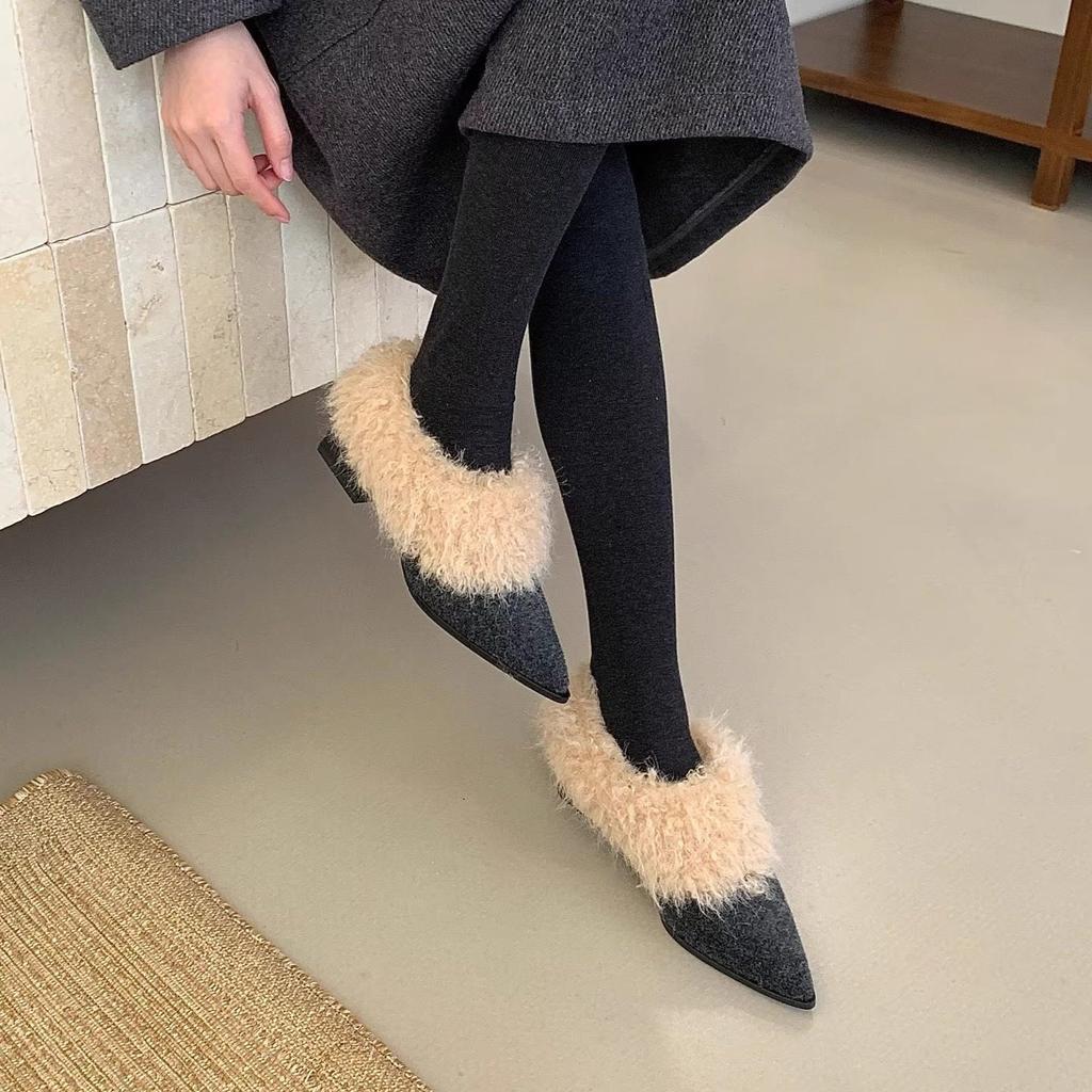 Premium pointed curly small leather shoes retro one-pedal fluffy single shoes middle heel family thermal cotton shoes