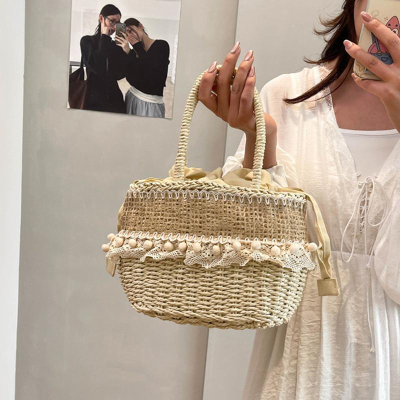 Yogodlns Women Straw Woven Bag Straw Tote Bag Large Capacity Weaving Shoulder Purse with Lace Woven Shopping HandBag Summer Beach Clutch
