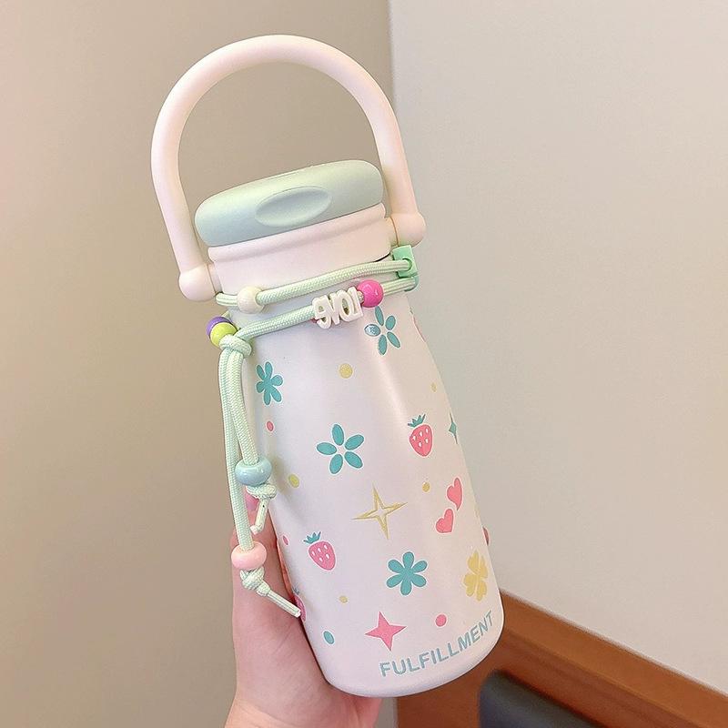 Large Capacity High Value Cartoon Thermos Cup, Girls Portable Double Drink Straw Kettle, Student Strap Cup