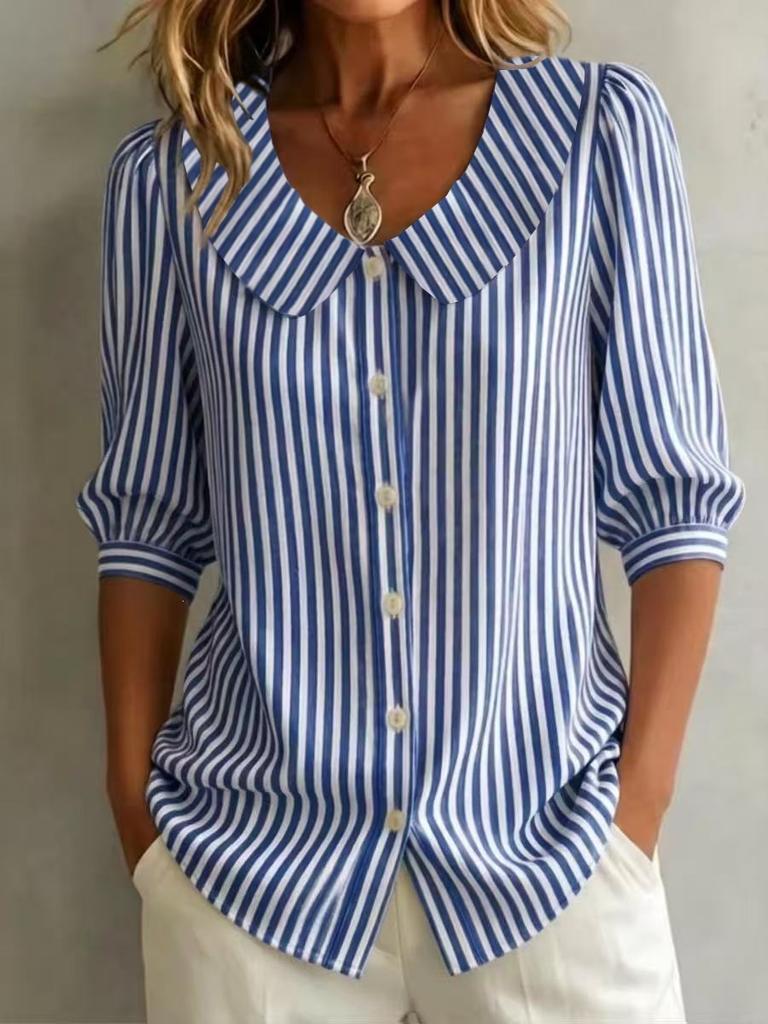 Women's Peter Pan Collar Striped Blouse Casual Puff 3/4 Sleeve Button Down Shirt Top