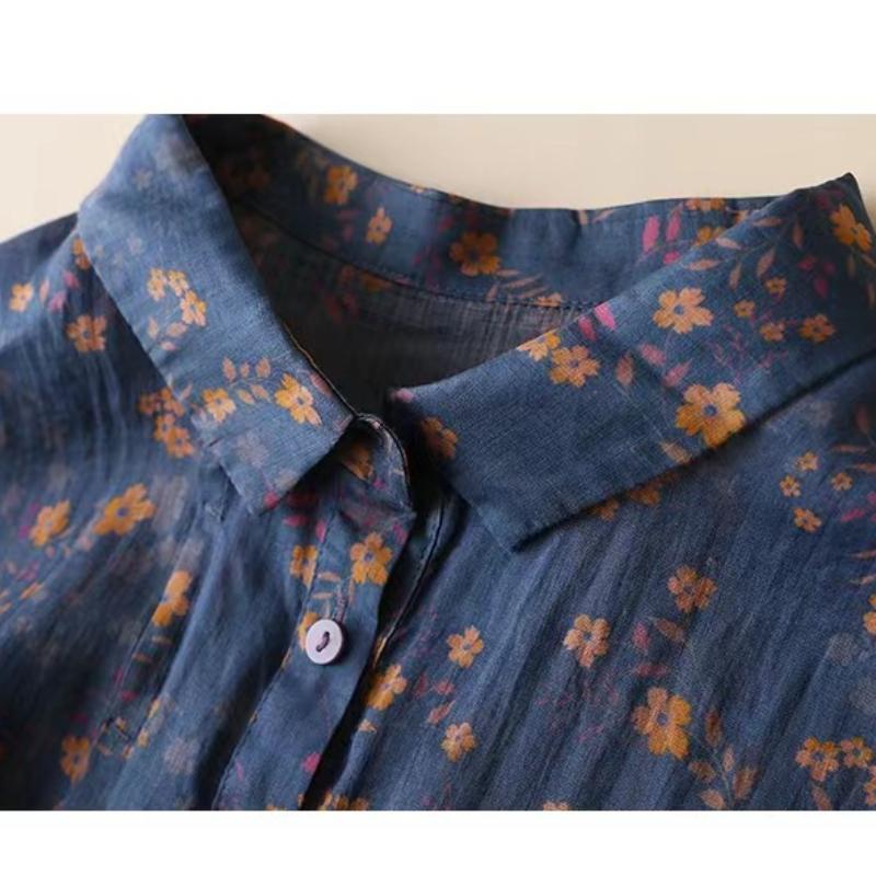 Summer Slim Stand Up Collar Cotton Linen Top for Women Blouse Floral Short Sleeve Flip Collar Artistic Shirt
