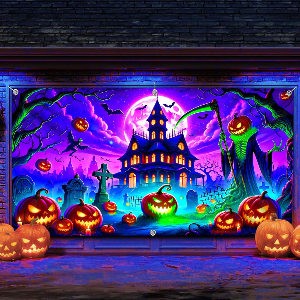 1 Halloween Banner - Ghost House, Pumpkin Lantern and Tombstone Design, Polyester Garage Door Decoration