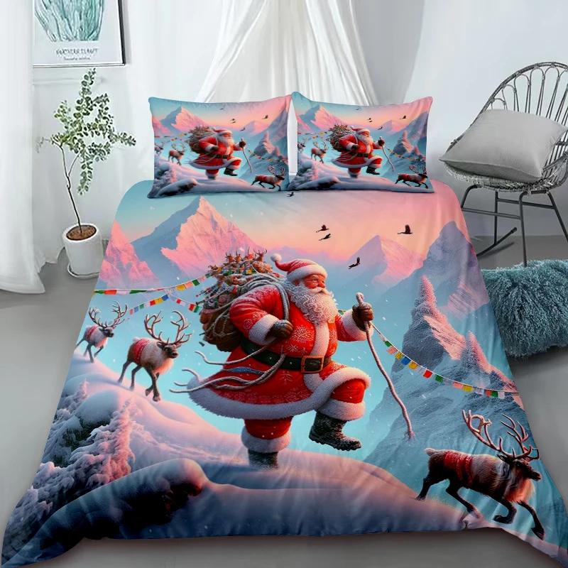 Cartoon Santa Claus Duvet Cover Elk Christmas Bedding Set With Zipper 1 Duvet Cover 2 Pillow Case Queen King Bedroom Decor