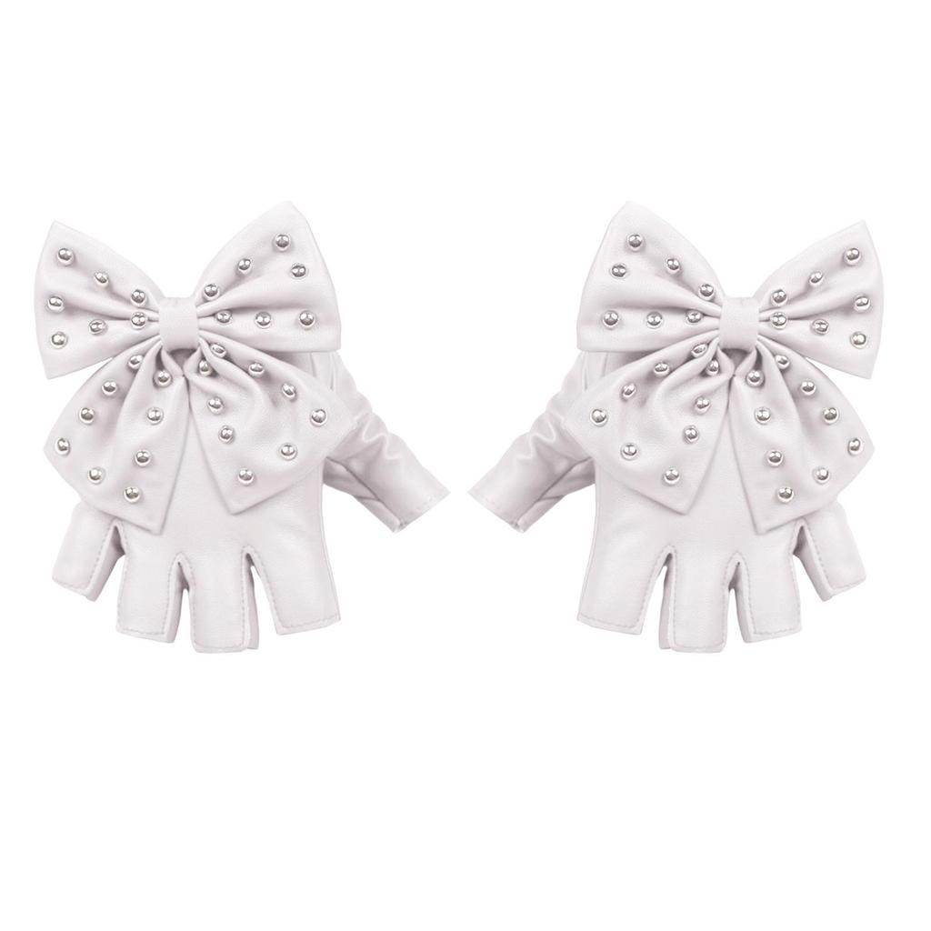 PU Leather Fingerless Gloves Big Bowknot Dance Gloves for Cosplay Costume