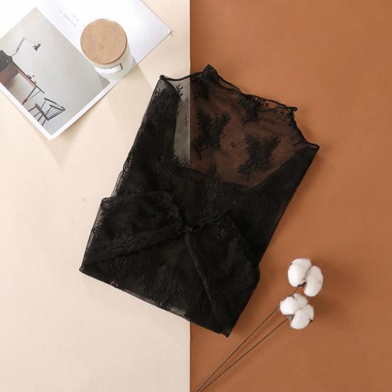 Women Lace Shirt Half High Collar Long Sleeve See-through Embroidery Lace Flower Pattern Tops Sexy Bottom Tops