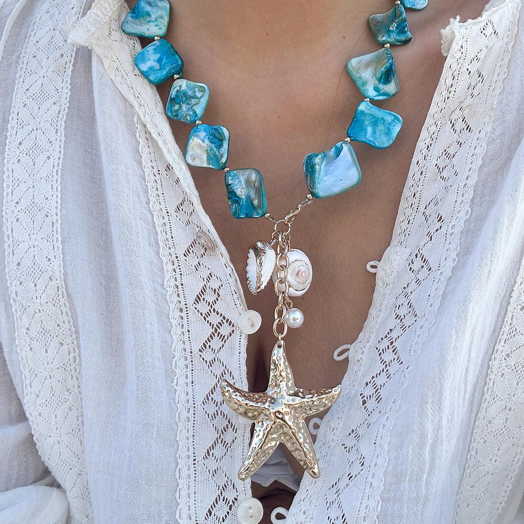 Retro Starfish White Shell Conch Pendant Necklace Women Simple Creative Colorful Stones Hand Woven beach Jewelry Girls