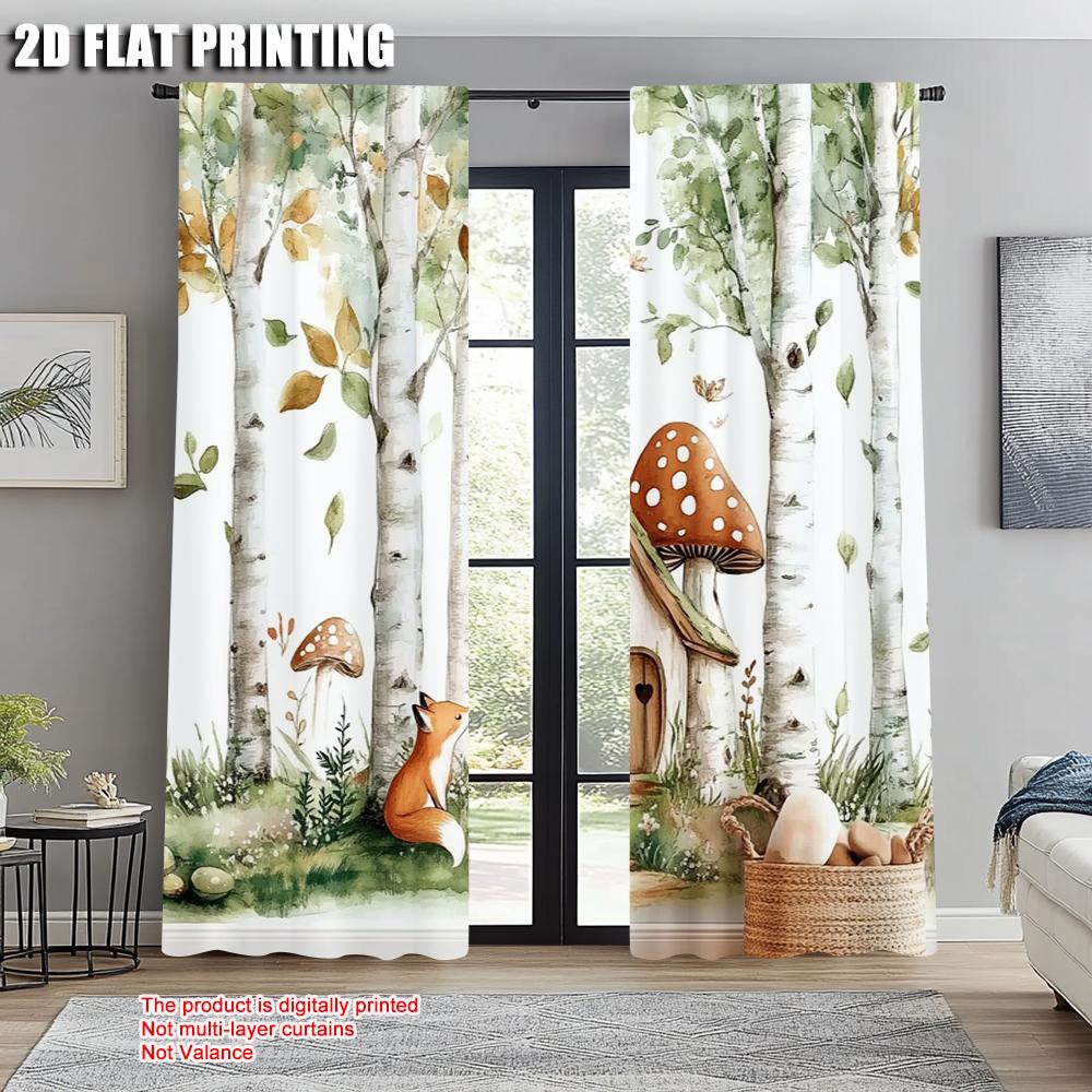 2pcs   Curtain Cloth  print Forest Fox Mushroom Versatile Fabric (without rod) Gifts Perfect for Living Room & Office Decor