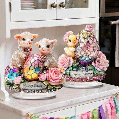 Easter Table Sign 2D Flat Acrylic Bunny Egg Tiered Tray Ornaments Spring Indoor Tabletop Centerpiece for Desktop Shelf Home Decor