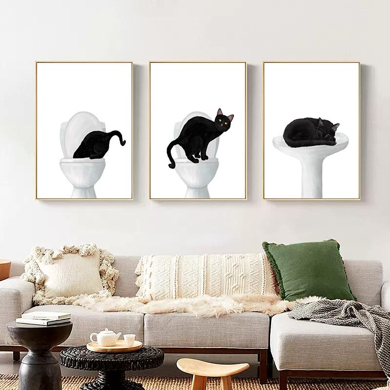 Funny Modern Cute Black Cat In Bath Artwork Posters Decoration Canvas Paintings And Prints For Washroom Toilet Living Room Decor