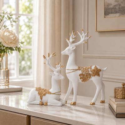 Modern Reindeer Figurine Set of 2 In Coordinated Poses for Shelf, Console, Living Room, Office and Gifting