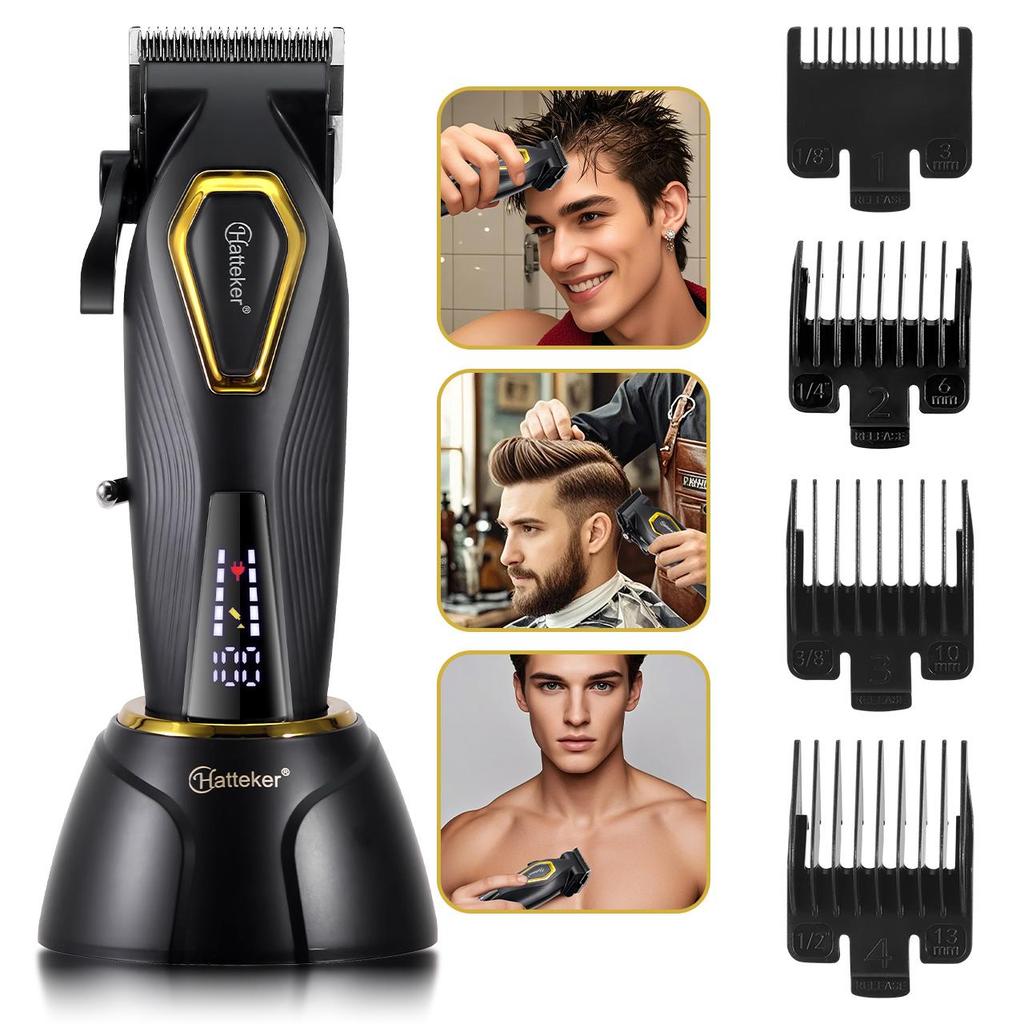 Hatteker Professional Hair Clippers 7500RPM Vector Motor DLC Blades 4 Guide Combs USB Base Charging Barber Hair Trimmer for Men