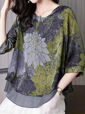 Floral Print Layered Blouse, Vintage Crew Neck 3/4 Sleeve Blouse, Women's Clothing