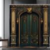 1 Elegant Green And Gold Door Print Shower Curtain - Polyester, 2D Graphic Design With Intricate Decorative Pattern