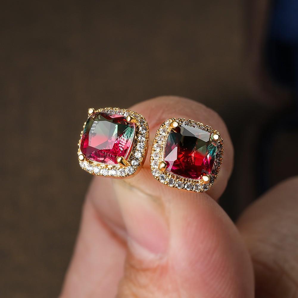 Popular Mini Square Group Set with Diamond Gradient Tourmaline Earrings and Ear Buckles