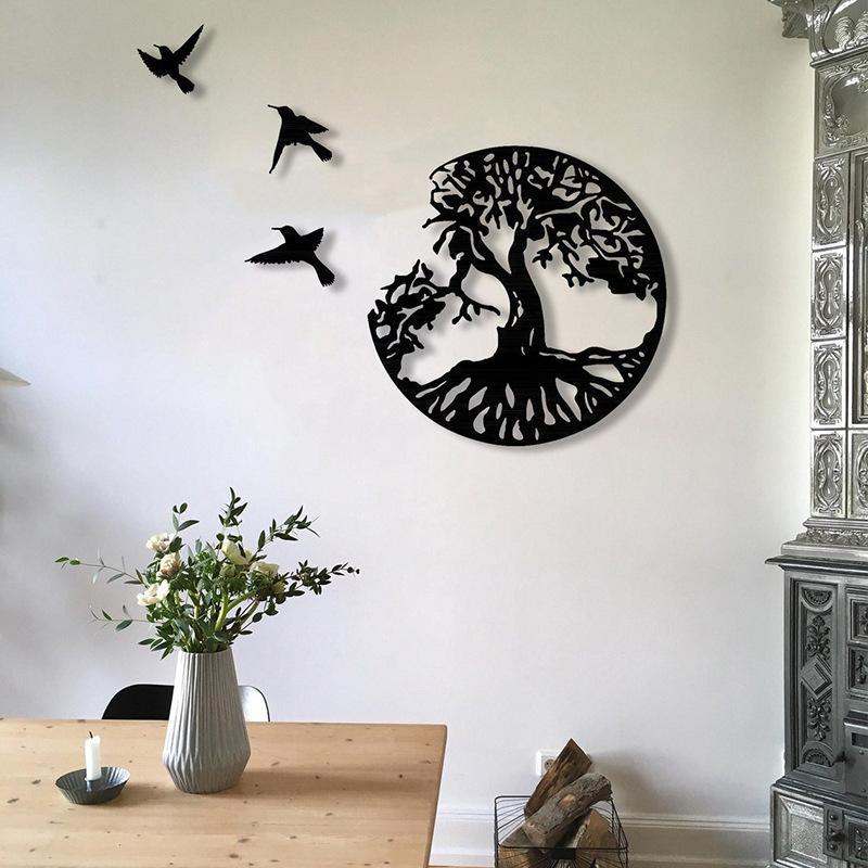 Tree of Life & Birds Metal Wall Art Indoor Outdoor Hanging Iron Decoration Black 30x30cm