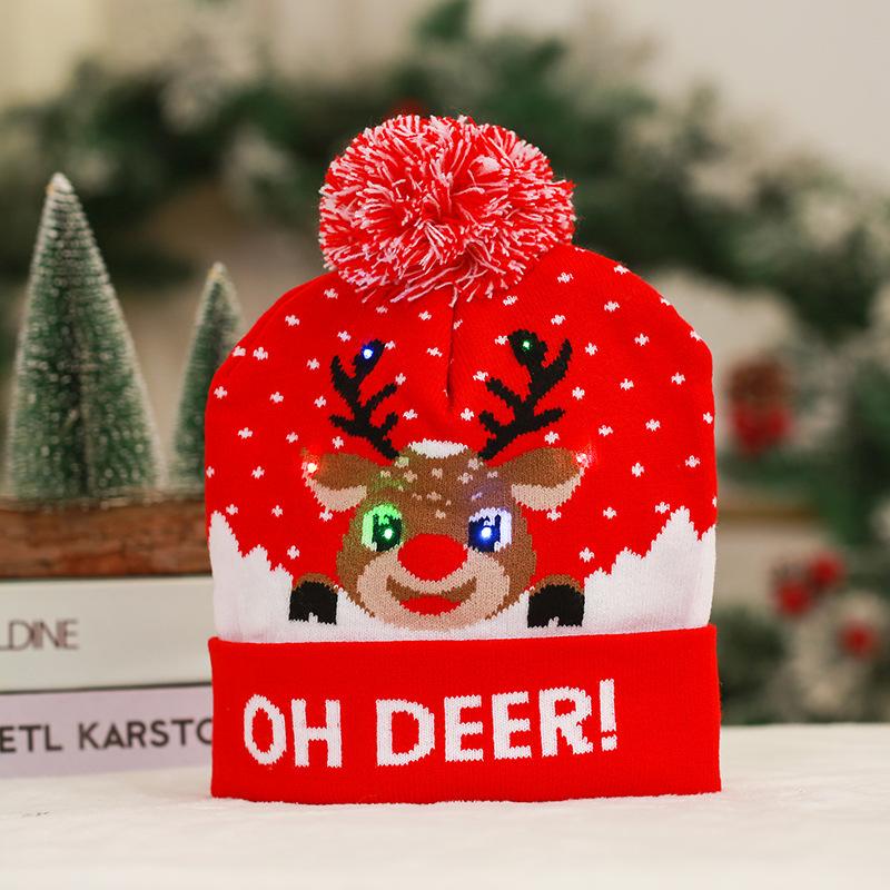Cross-border Christmas decoration supplies cuffed knitted hat with ball LED light Santa Claus luminous hat for adults and children