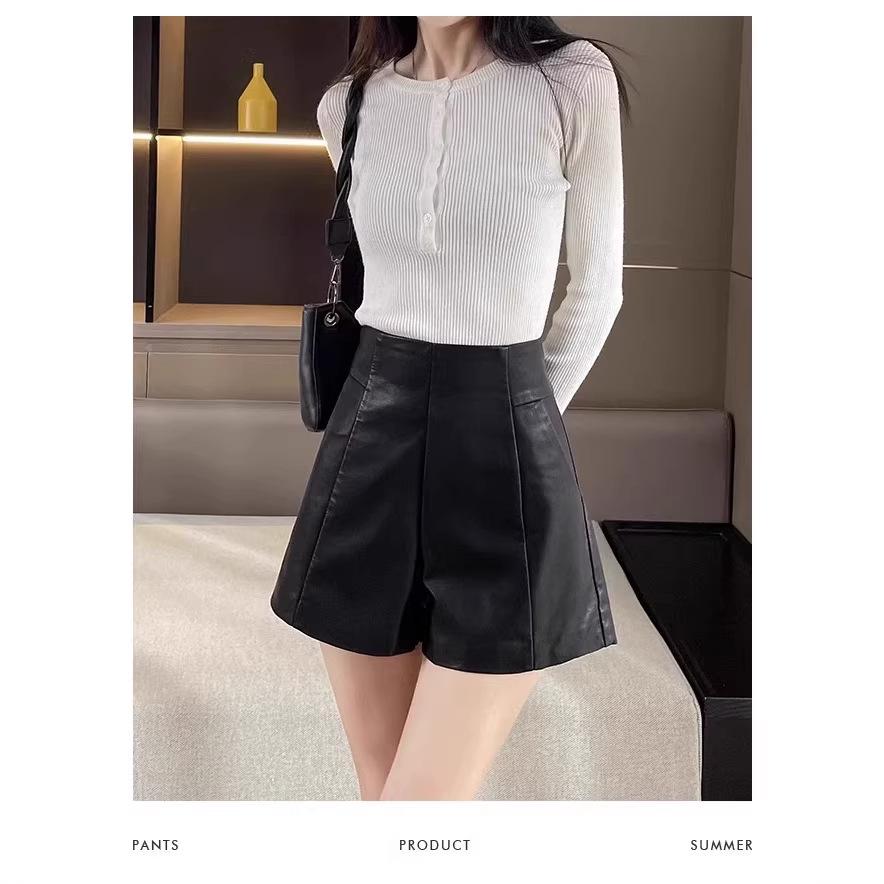 High-Waisted Leather Shorts for Women - 2026 New Style A-Line Slim Fit PU Wide-Leg Bootcut (Autumn/Winter) In Black