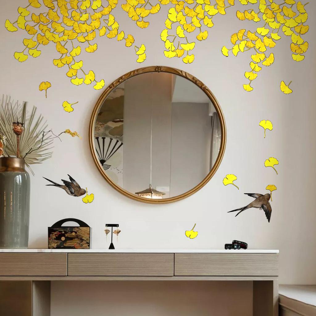 Tj7543 Hand-Painted Ginkgo Biloba Leaf Bird Bronzing Wall Sticker Decoration Living Room Bedroom Background Self-Adhesive Wall Sticker