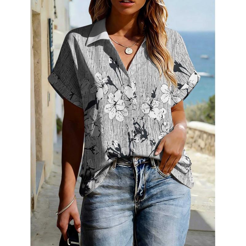 Floral Print Womens Loose Fit Short Sleeve V-Neck Top - Sleeveless Button-Free Casual Shirt Street Style