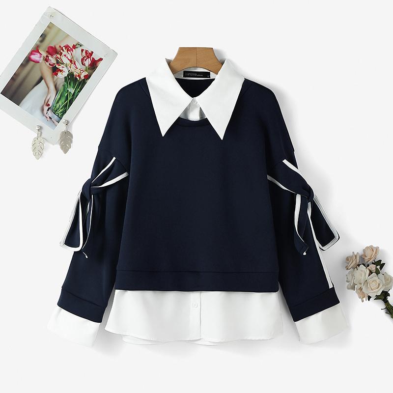 

ZANZEA Женские повседневные свитшоты с отложным воротником и длинными рукавами, пэчворк 2XL темно-синий