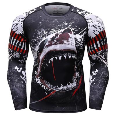 Men's Sports Fitness Shark Print Long Sleeve Compression Top Elastic Breathable Workout Clothing Casual Daily Wear