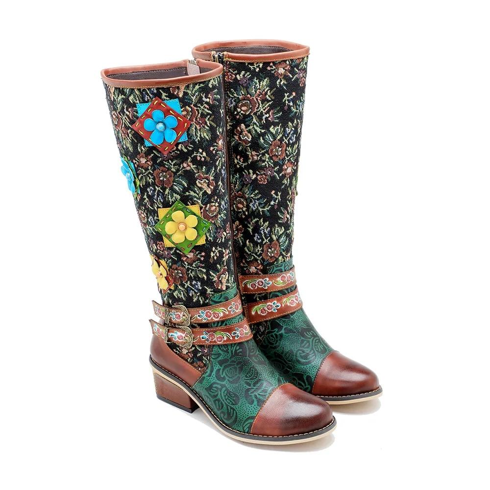 Johnature Handmade Color Printing Splice Flower Belt Buckle Comfortable Thick Heel Women Mid-calf Boots