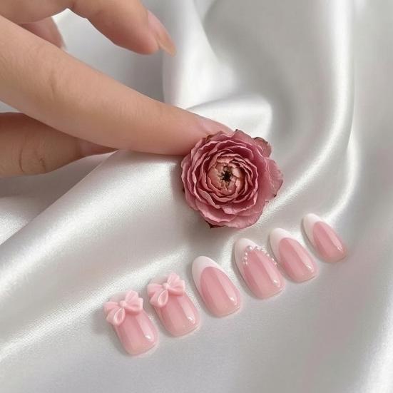 24Pcs Pink Bow Women Press on Nails, Faux Pearl Almond Stick-on Fake Nails, French Tip Glue on False Nails for Office Date Party Wedding