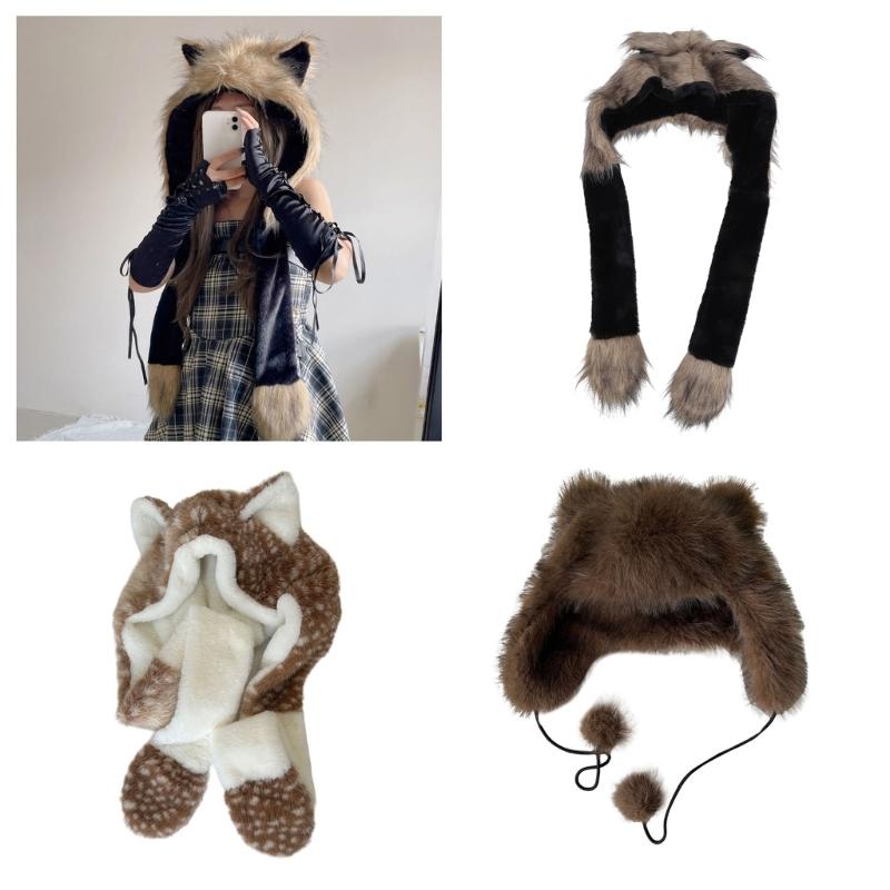 Furry Neck Scarf Hat with Animal Ear Winter Outdoor Sport Shawl Hat Anime Costume Earmuff Hat for Skiing Cold Weather