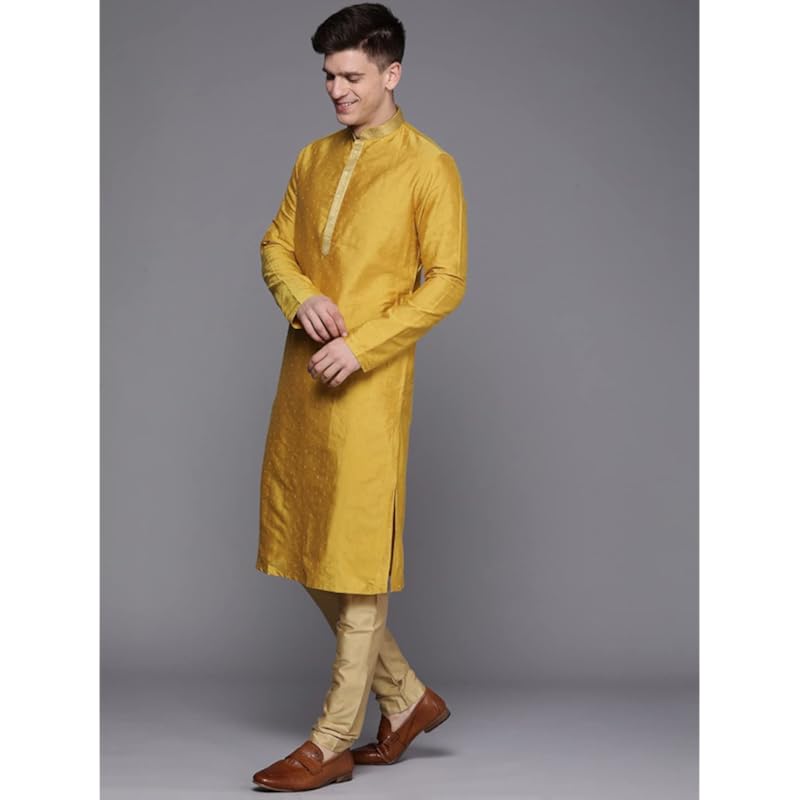 Manyavar Kurta Set for Men, Printed Knee Long Full Sleeves Kurta and Churidar Set for Men (Mustard, L)