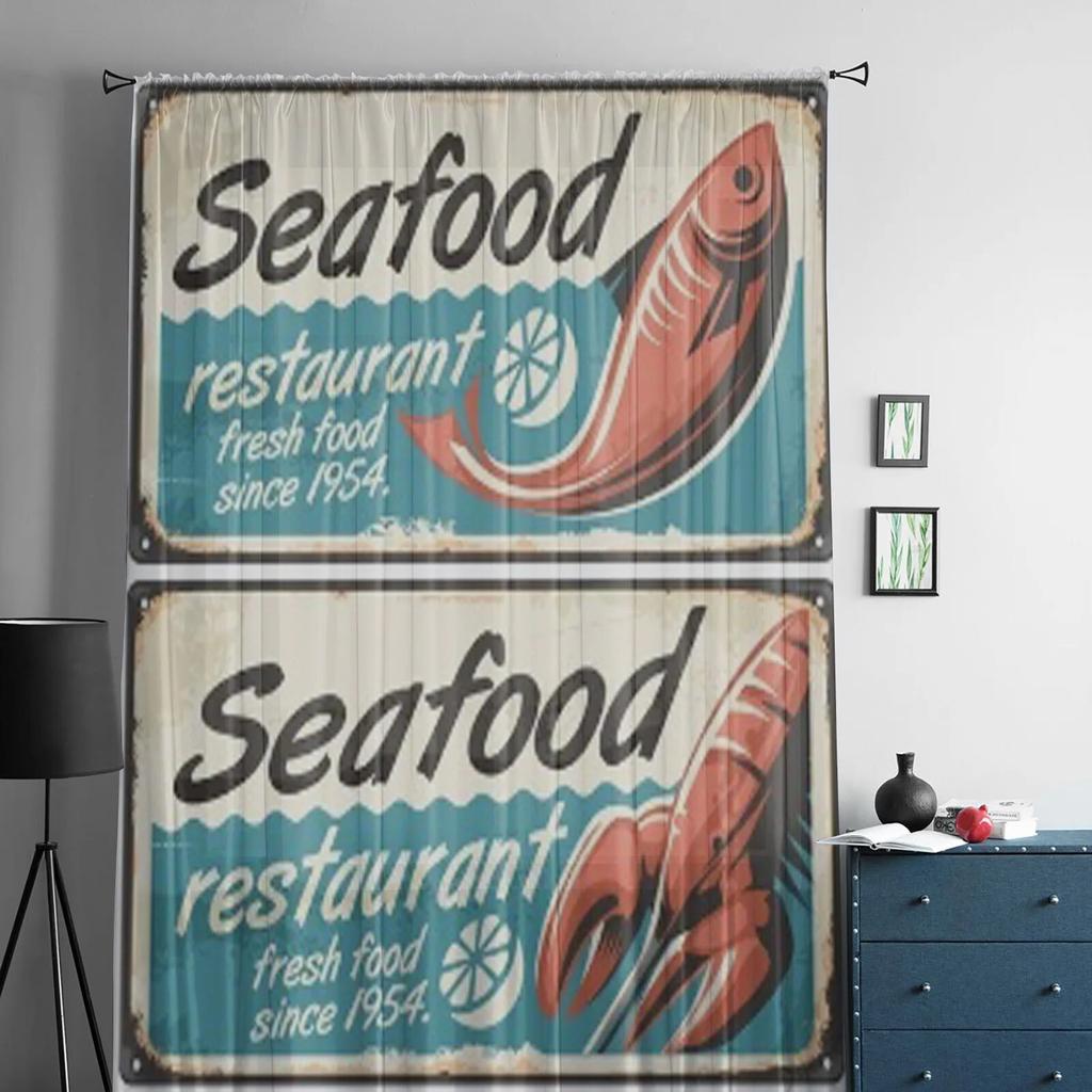 Seafood Restaurant Vintage Signs Chiffon Sheer Curtains for Living Room Bedroom Kitchen Decoration Window Voiles Tulle Curtain