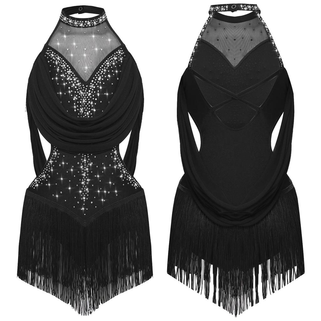 Girls Latin Dance Leotard Ruched Mesh Drapes with Glittery Rhinestones Tassel Cutout Costume