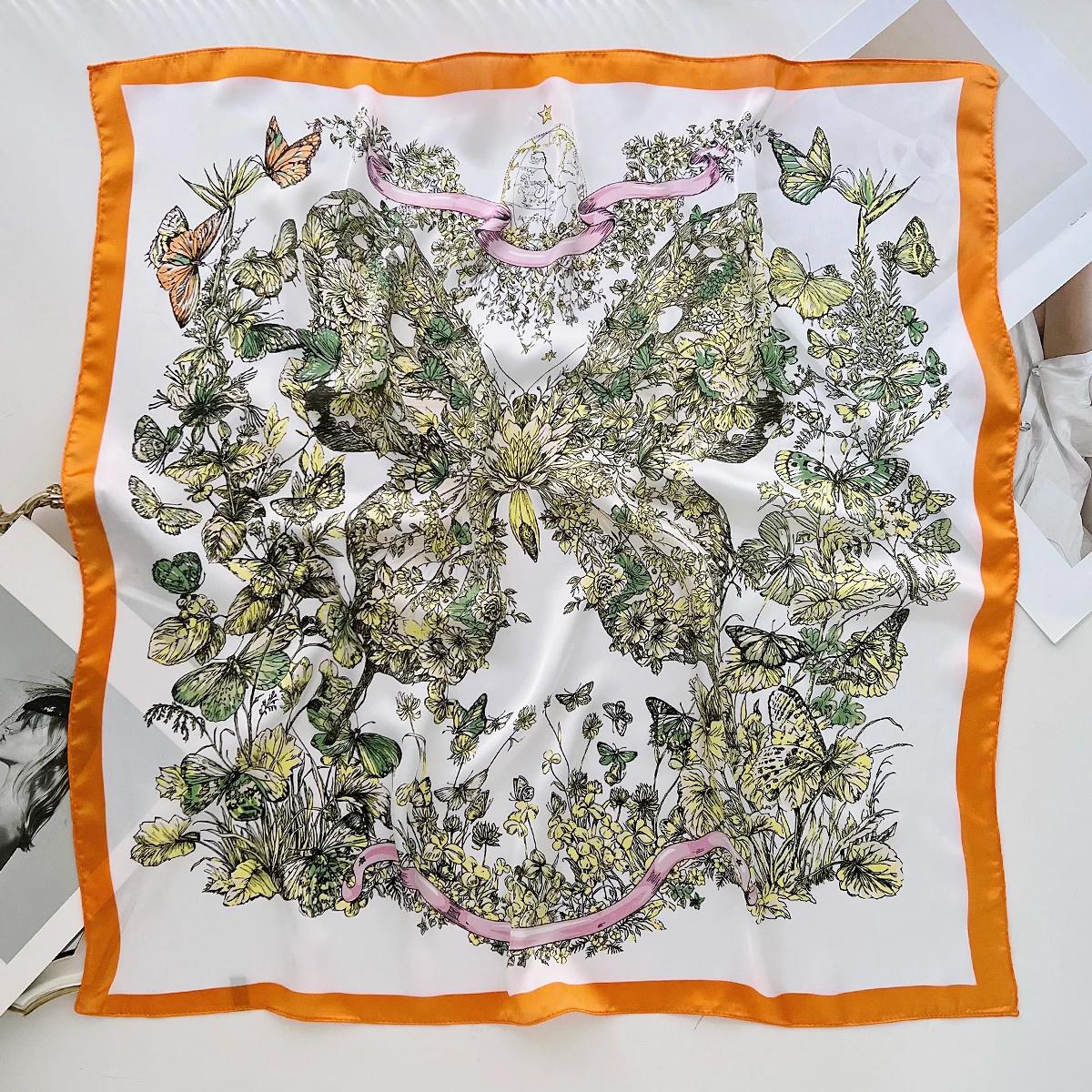 

New Butterfly Floral Print Silk Square Scarfs for Women Neckerchief Female Neck Tie Lady Fashion Hairband Soft Satin Head Hijab 70x70cm