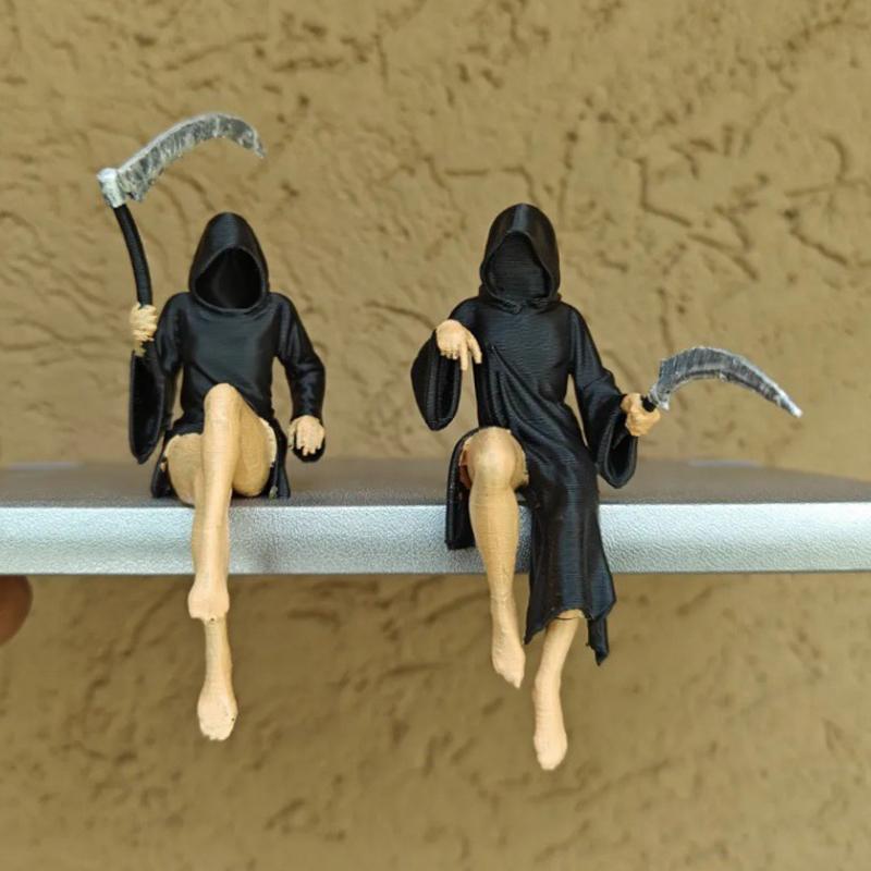 Gothic Death Sisters Figure Grim Reaper Bookshelf Sculpture 3D Printed Spooky Statues Holding Sickle Desktop Ornaments Halloween