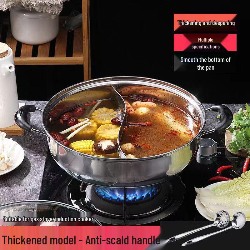 Yin-Yang Verdickter Edelstahl Hot Pot mit Deckel - Klare Suppe Shabu-Shabu Flachboden-Design, Kompatibel mit Gewerbeinduktionskochfeldern