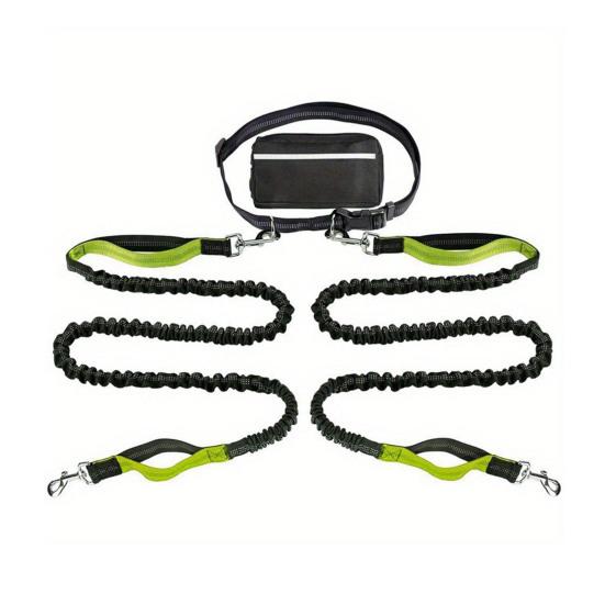 Dog Leash with Waist Bag Reflective Retractable Leash for Two Dogs Hands-Free Running Leash with Padded Handles Night Safety Walking Gear
