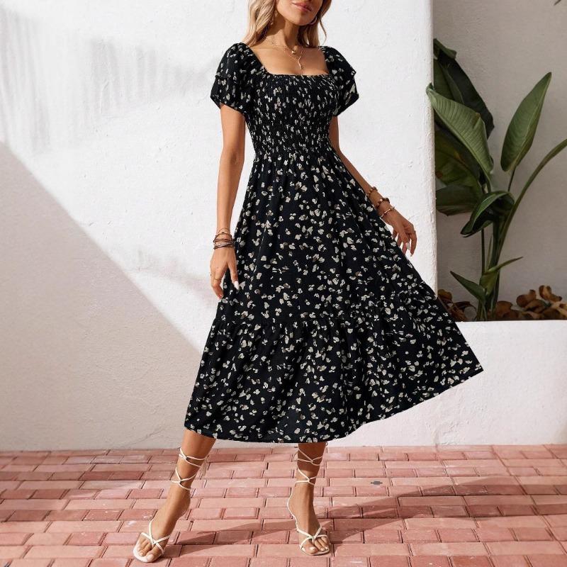 Mode Kurzarm Sommerkleid mit Blumendruck Sexy Rüschen Quadratischer Ausschnitt Elegant Plissiert A-Linie Partykleider Lässig Locker Slim Urlaubskleidung