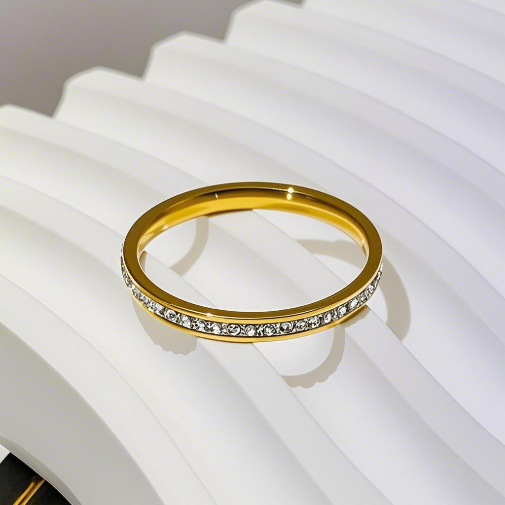 Women's Stainless Steel 2mm Wide Diamond Ring - Simple, Durable, Fade-Resistant Cold Titanium Steel Design.